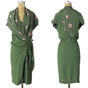 Rutzou for Anthropologie Feather Green Kimono Style Wrap Draped Dress